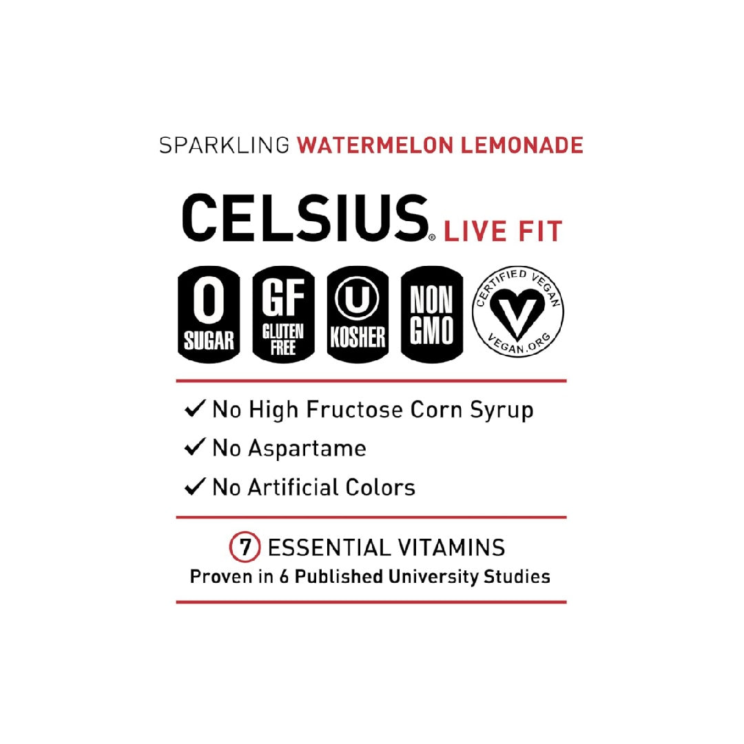 CELSIUS Sparkling Watermelon Lemonade, Sugar Free Energy Drink, 12 Fl Oz (Pack of 12)
