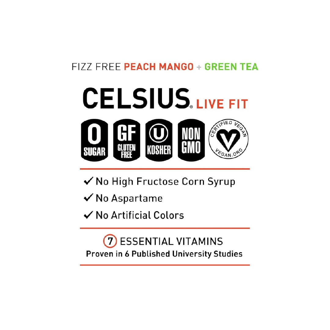 CELSIUS Peach Mango Green Tea, Functional Essential Energy Drink 12 Fl Oz (Pack of 12)