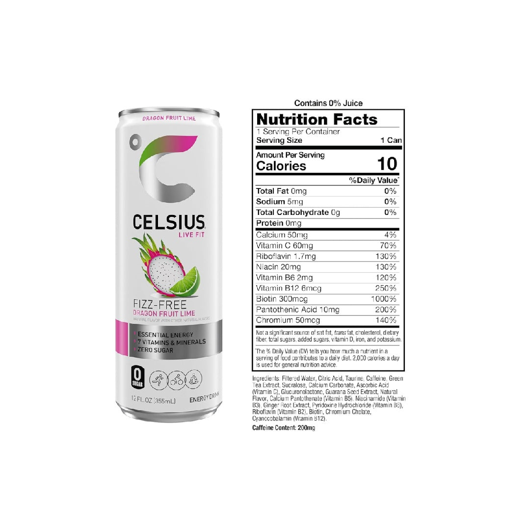 CELSIUS Fizz Free Dragon Fruit Lime, Sugar Free Energy Drink, 12 Fl Oz (Pack of 12)