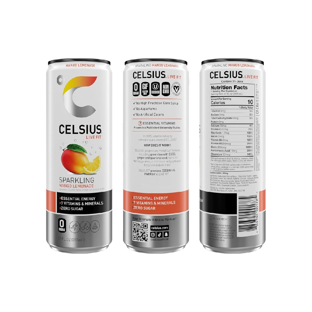 CELSIUS Sparkling Mango Lemonade, Sugar Free Energy Drink, 12 Fl Oz (Pack of 12)
