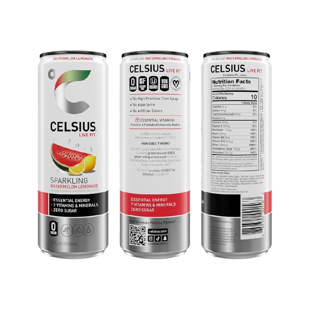 CELSIUS Sparkling Watermelon Lemonade, Sugar Free Energy Drink, 12 Fl Oz (Pack of 12)
