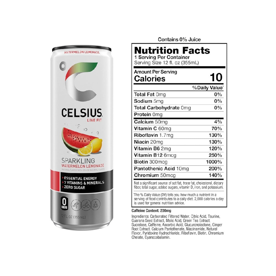 CELSIUS Sparkling Watermelon Lemonade, Sugar Free Energy Drink, 12 Fl Oz (Pack of 12)