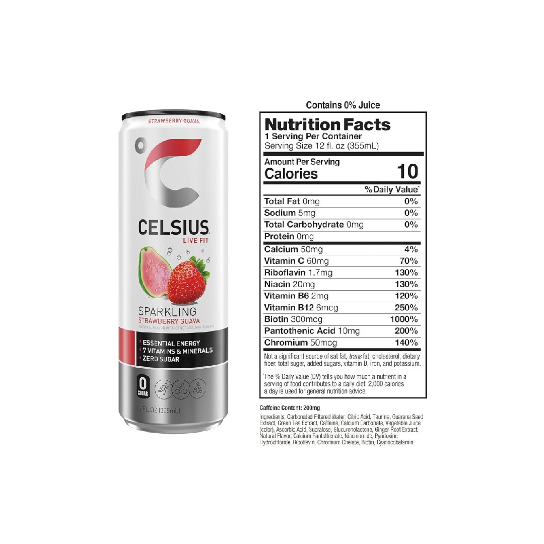 CELSIUS Sparkling Strawberry Guava, Functional Essential Energy Drink 12 Fl Oz (Pack of 12)