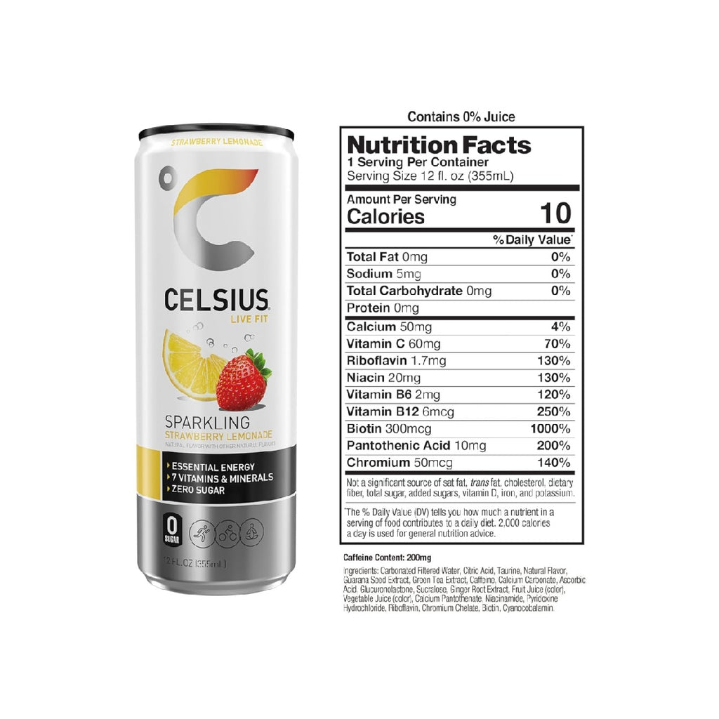 CELSIUS Sparkling Strawberry Lemonade, Functional Essential Energy Drink, 12 Fl Oz (Pack of 12)