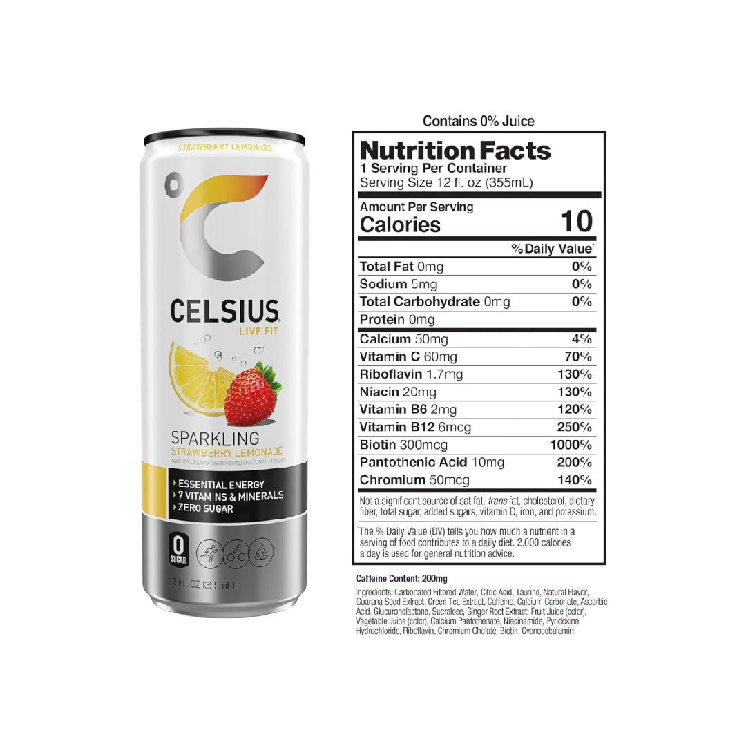 CELSIUS Sparkling Strawberry Lemonade, Functional Essential Energy Drink, 12 Fl Oz (Pack of 12)