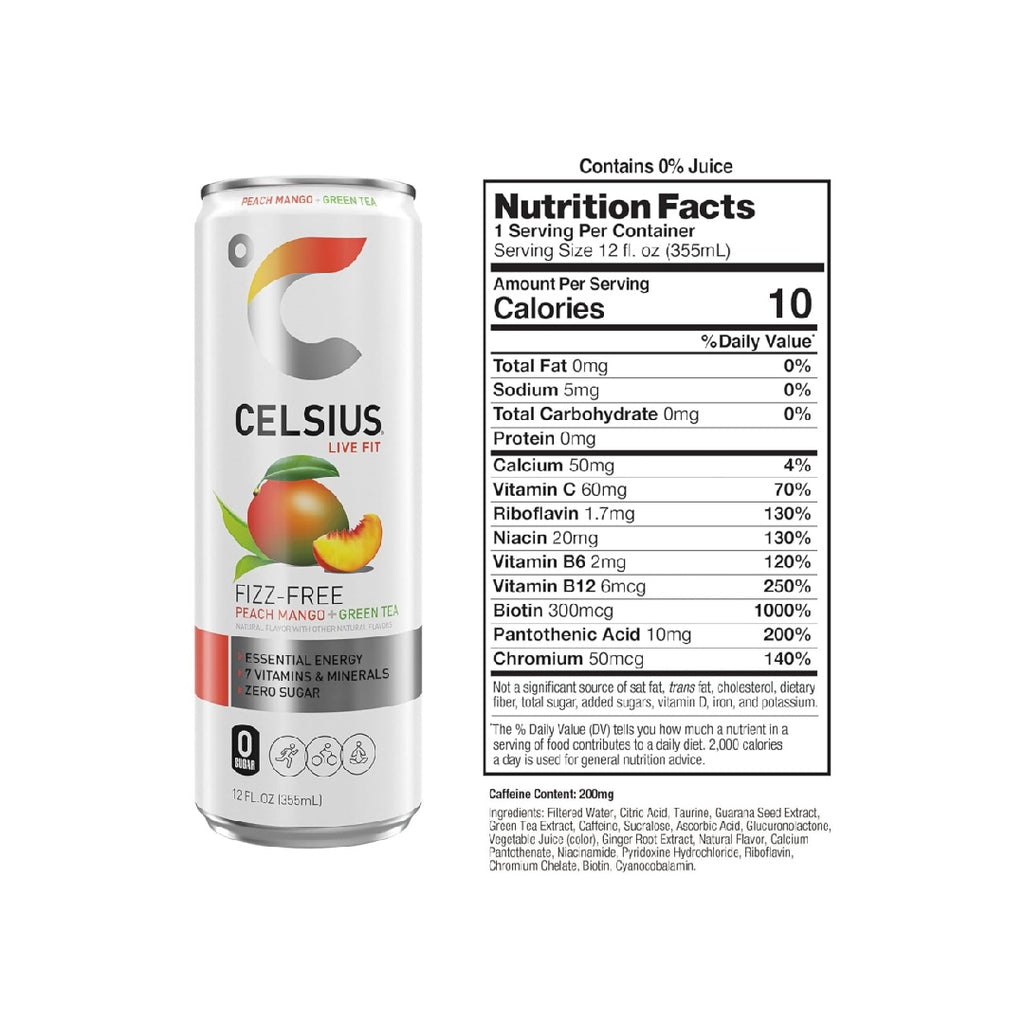 CELSIUS Peach Mango Green Tea, Functional Essential Energy Drink 12 Fl Oz (Pack of 12)