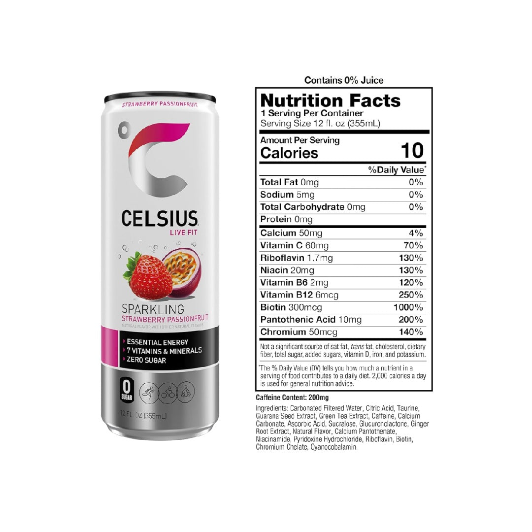 CELSIUS Sparkling Strawberry Passionfruit, Sugar Free Energy Drink, 12 Fl Oz (Pack of 12)