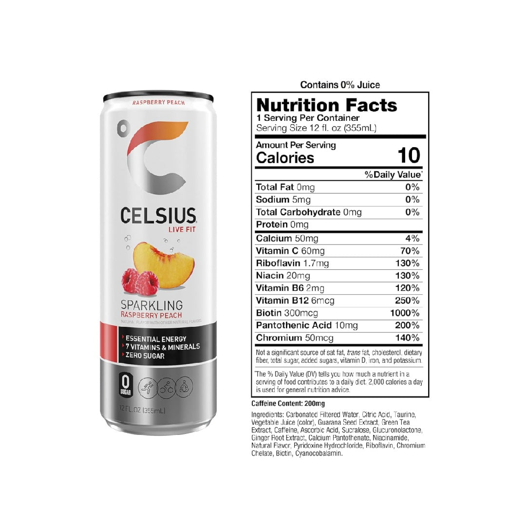 CELSIUS Sparkling Raspberry Peach, Sugar Free Energy Drink, 12 Fl Oz (Pack of 12)