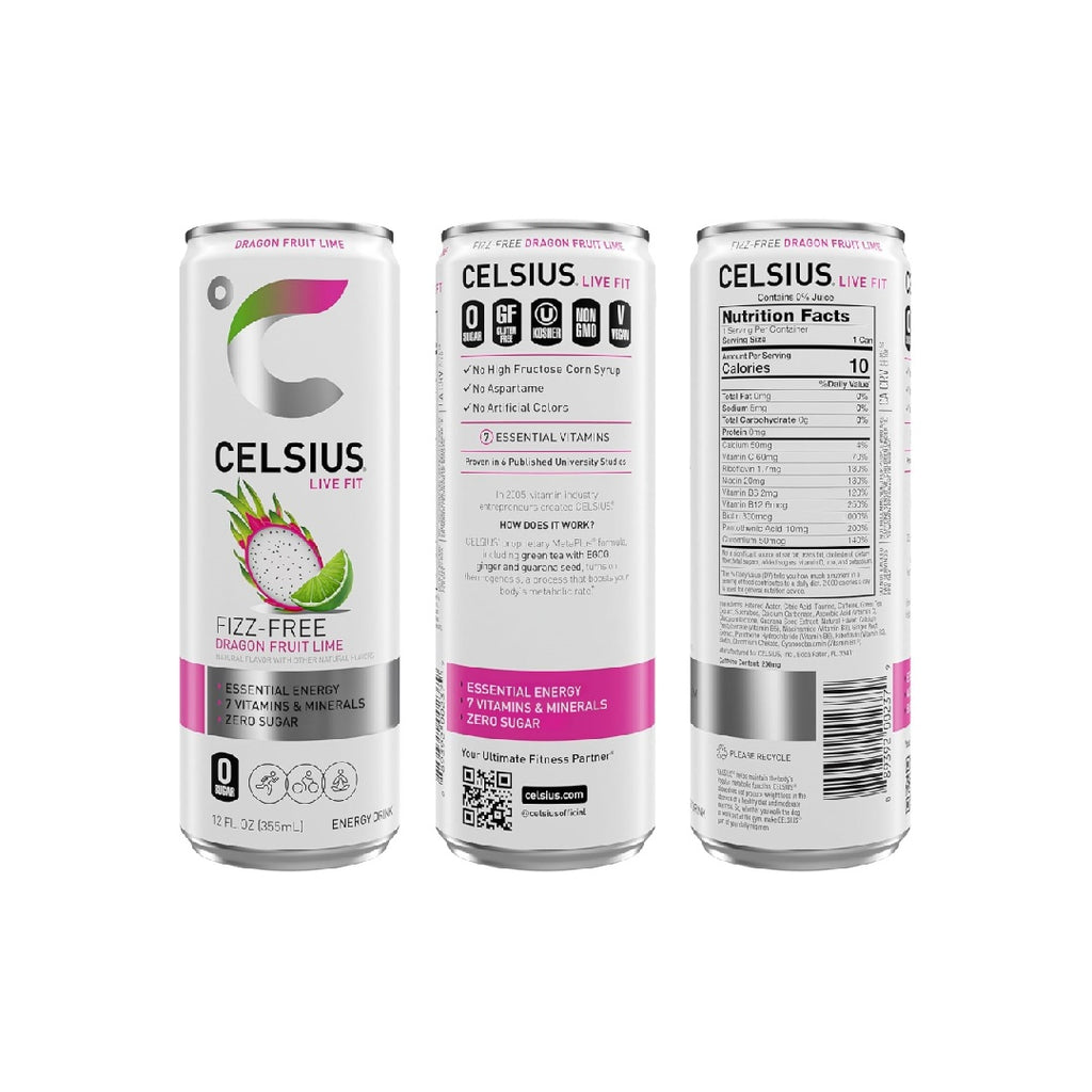 CELSIUS Fizz Free Dragon Fruit Lime, Sugar Free Energy Drink, 12 Fl Oz (Pack of 12)