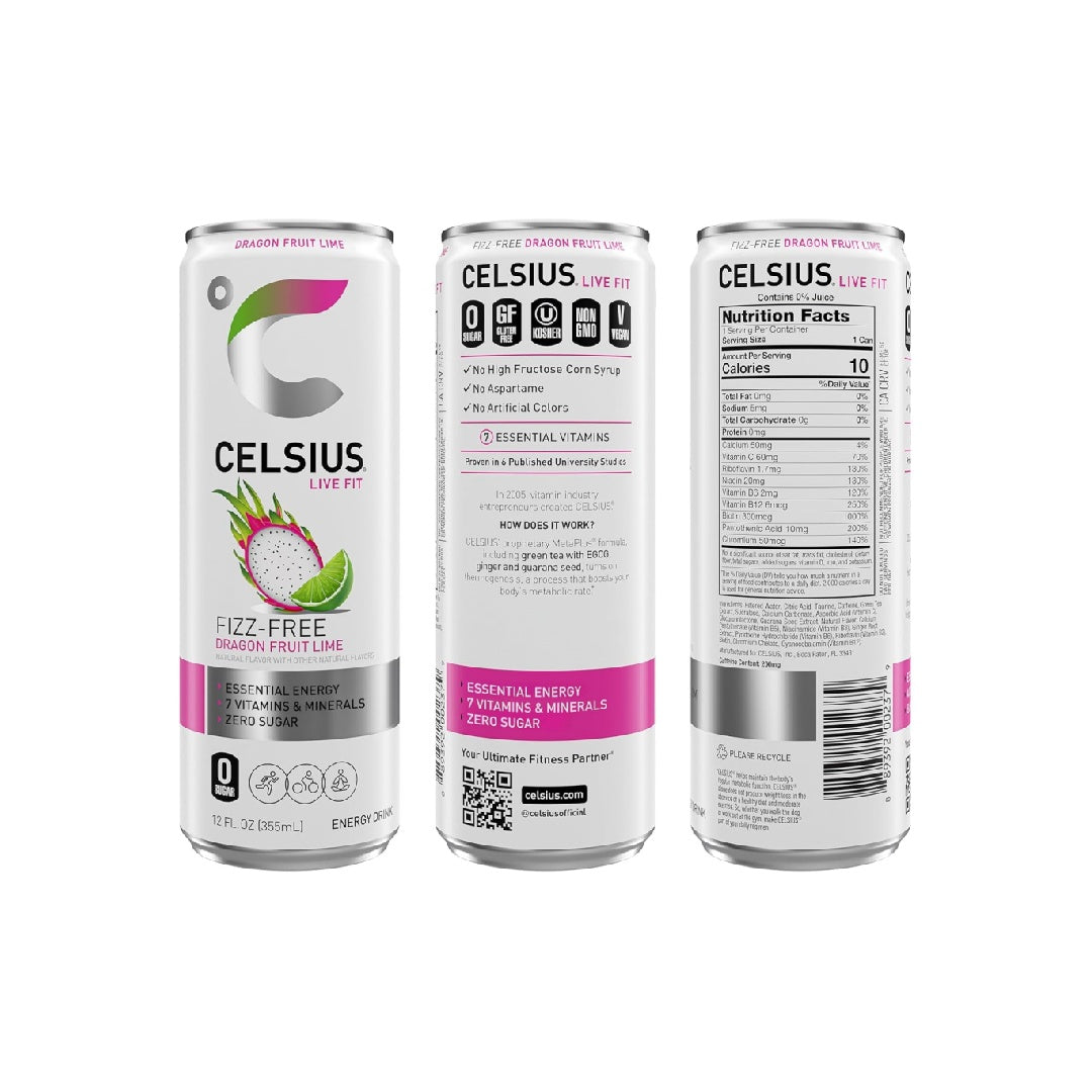 CELSIUS Fizz Free Dragon Fruit Lime, Sugar Free Energy Drink, 12 Fl Oz (Pack of 12)
