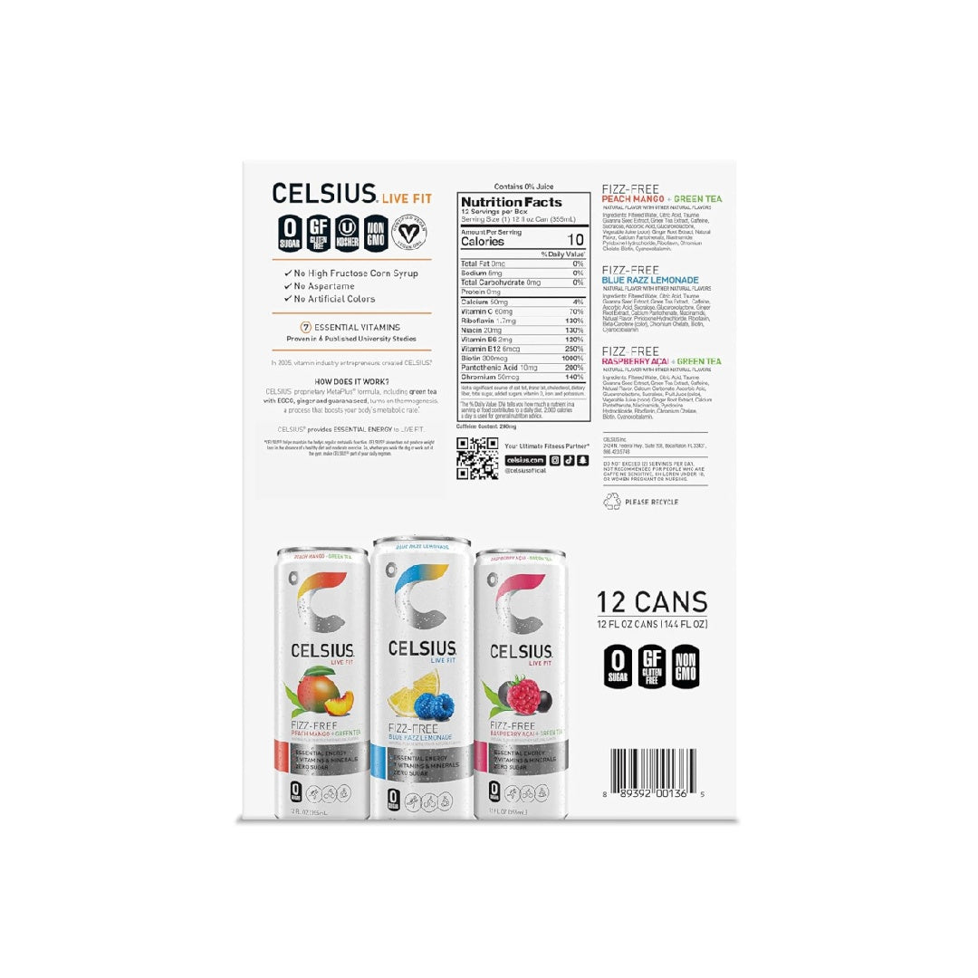 CELSIUS Fizz Free Variety Pack, Sugar Free Energy Drink, 12 Fl Oz (Pack of 12)