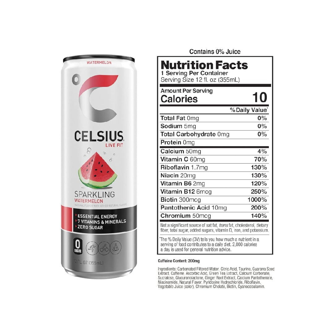 CELSIUS Sparkling Watermelon, Functional Essential Energy Drink 12 Fl Oz (Pack of 12)