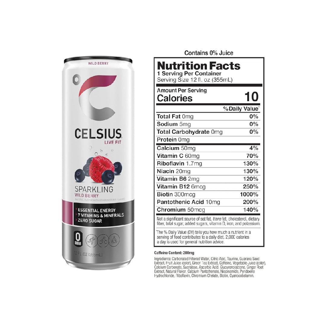 CELSIUS Sparkling Wild Berry, Functional Essential Energy Drink 12 Fl Oz (Pack of 12)