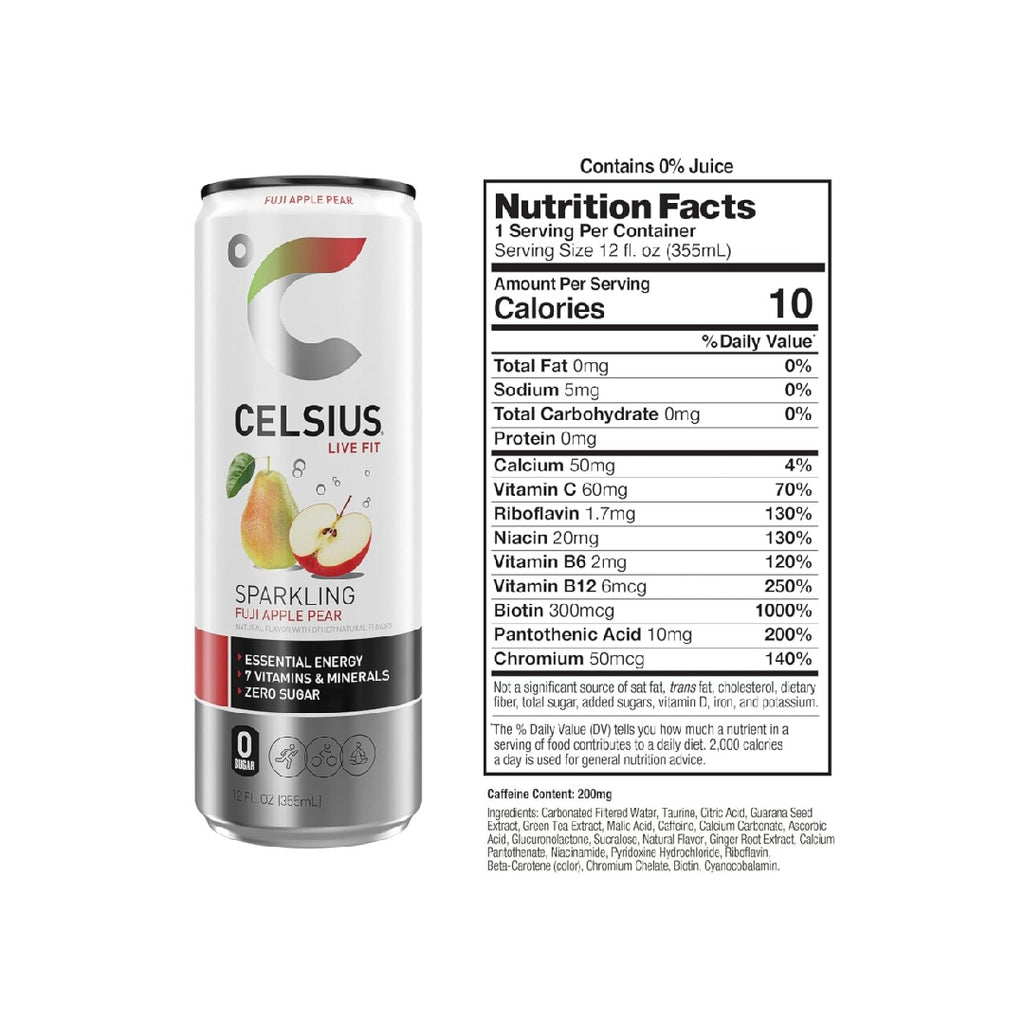 CELSIUS Sparkling Fuji Apple Pear, Functional Essential Energy Drink 12 Fl Oz (Pack of 12)