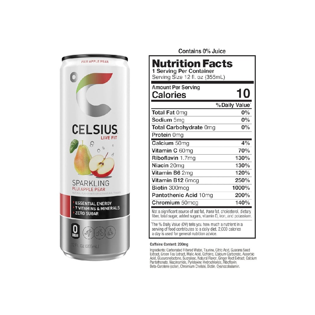 CELSIUS Sparkling Fuji Apple Pear, Functional Essential Energy Drink 12 Fl Oz (Pack of 12)