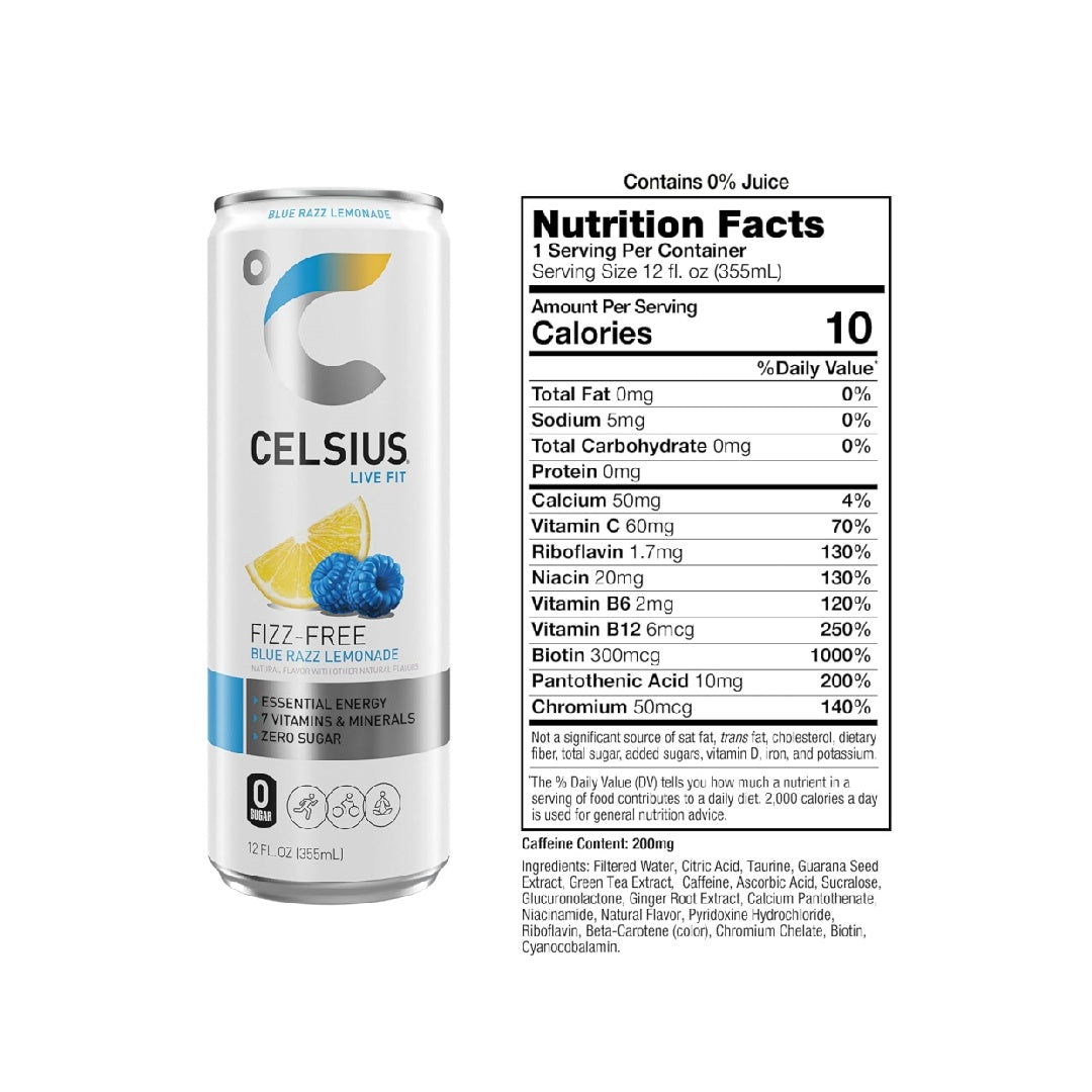 CELSIUS Fizz Free Blue Razz Lemonade, Sugar Free Energy Drink, 12 Fl Oz (Pack of 12)