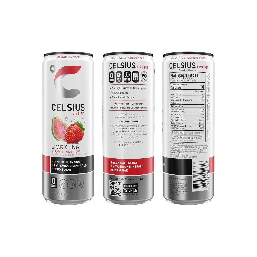 CELSIUS Sparkling Strawberry Guava, Functional Essential Energy Drink 12 Fl Oz (Pack of 12)