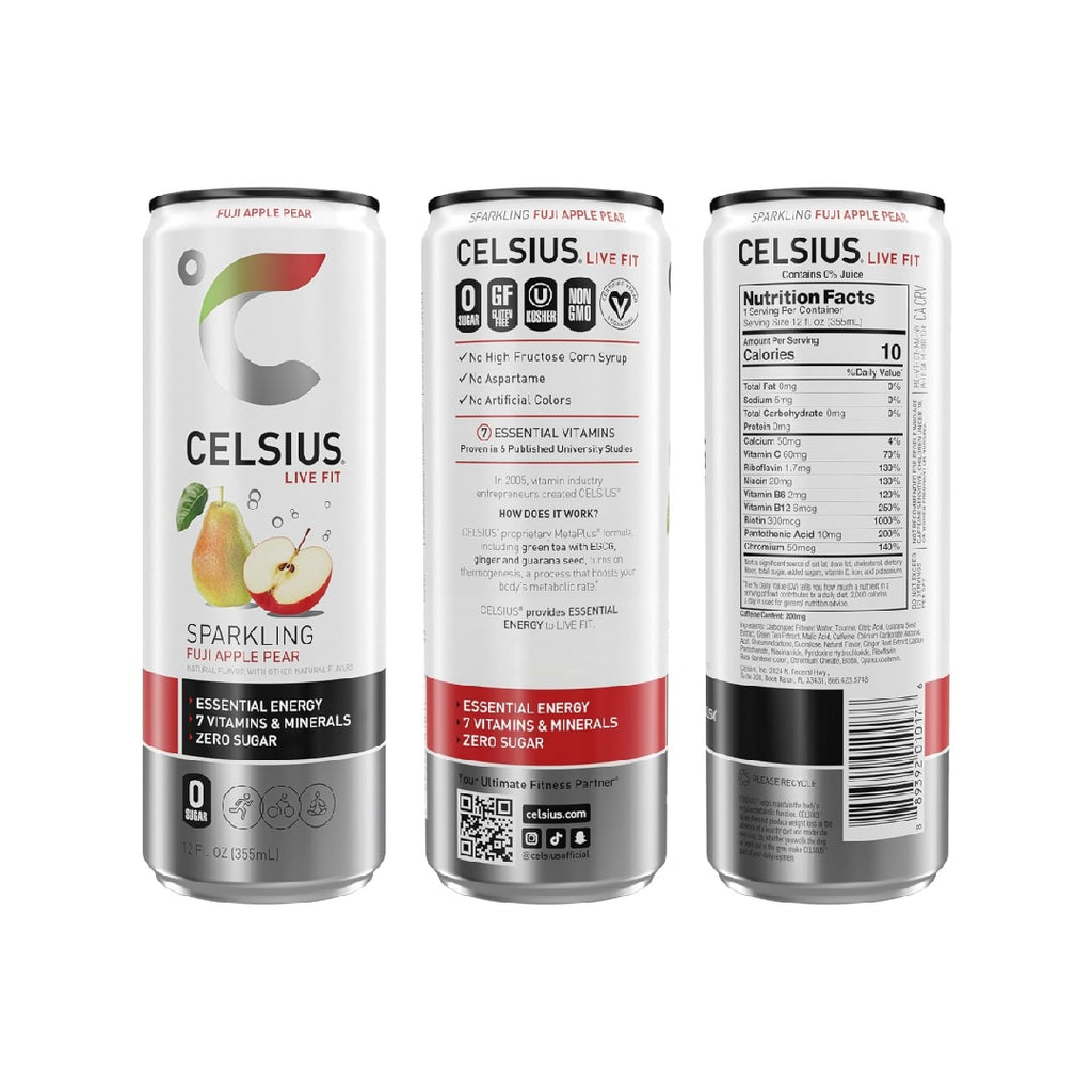 CELSIUS Sparkling Fuji Apple Pear, Functional Essential Energy Drink 12 Fl Oz (Pack of 12)