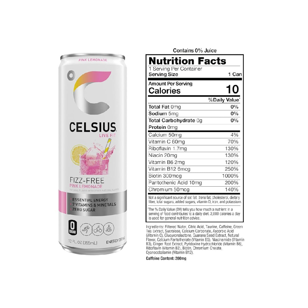 CELSIUS Fizz Free Pink Lemonade, Sugar Free Energy Drink, 12 Fl Oz (Pack of 12)
