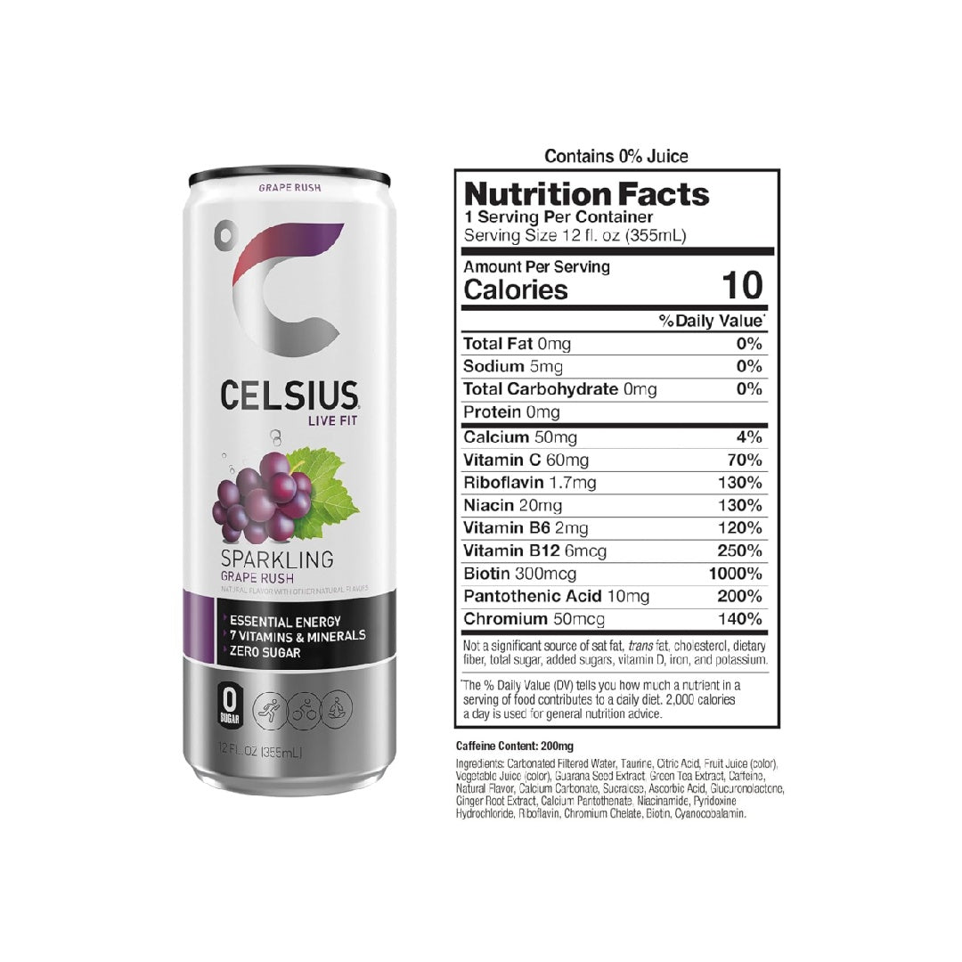 CELSIUS Sparkling Grape Rush, Functional Essential Energy Drink 12 Fl Oz (Pack of 12)