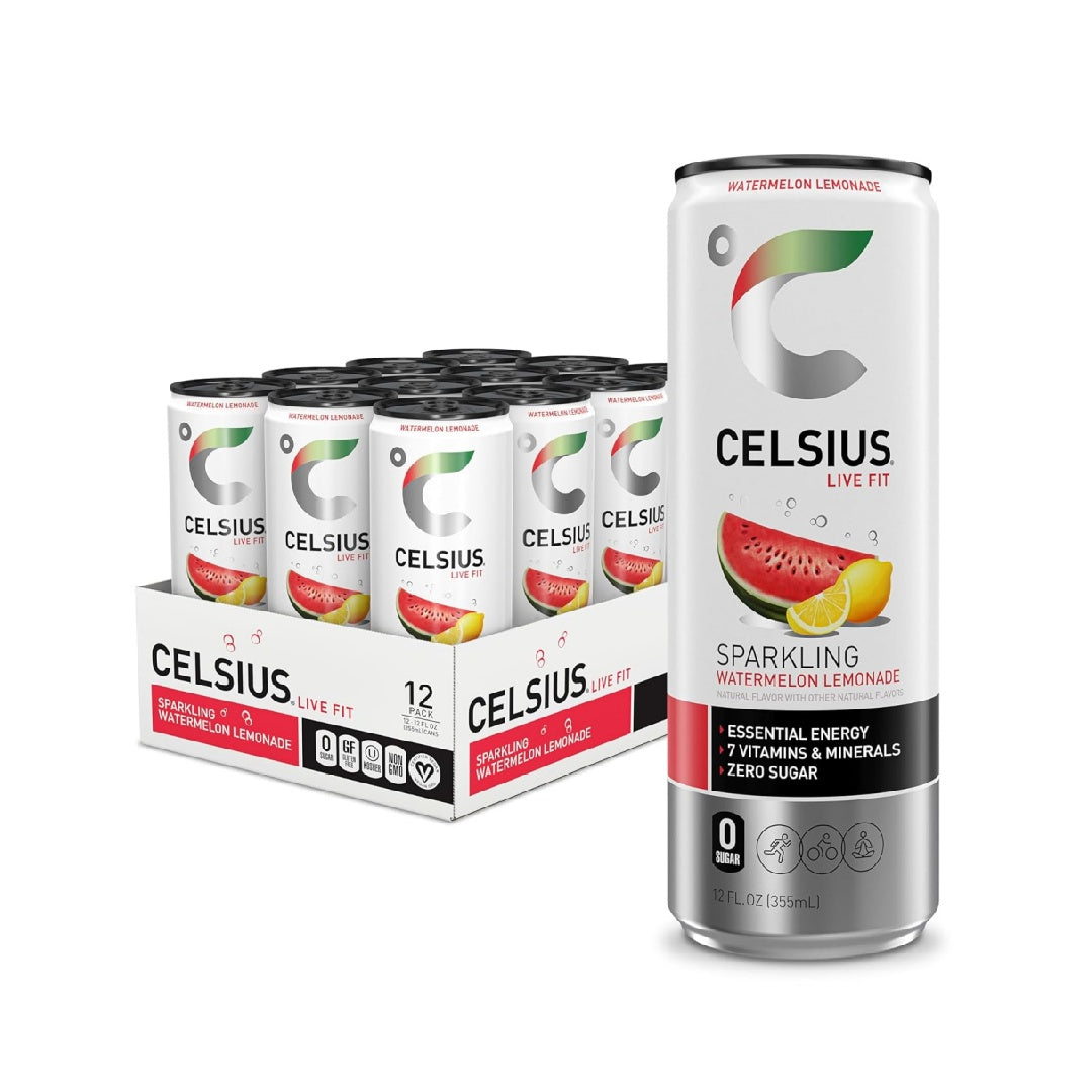 CELSIUS Sparkling Watermelon Lemonade, Sugar Free Energy Drink, 12 Fl Oz (Pack of 12)