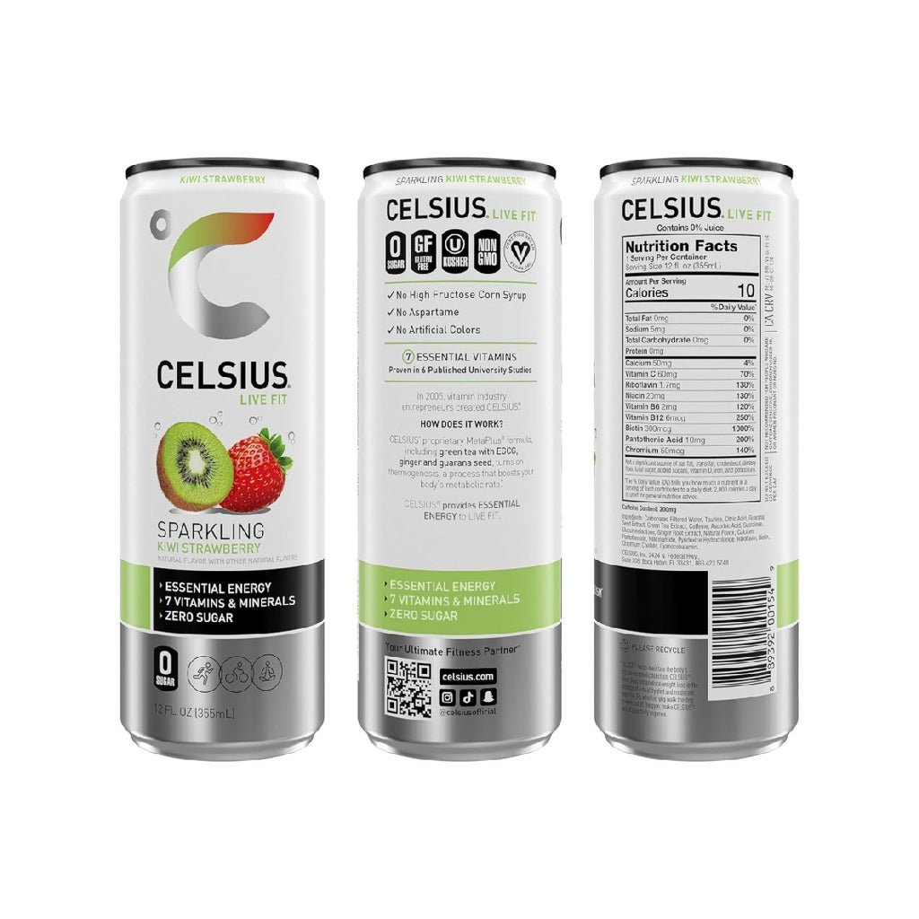 CELSIUS Sparkling Kiwi Strawberry, Sugar Free Energy Drink, 12 Fl Oz (Pack of 12)