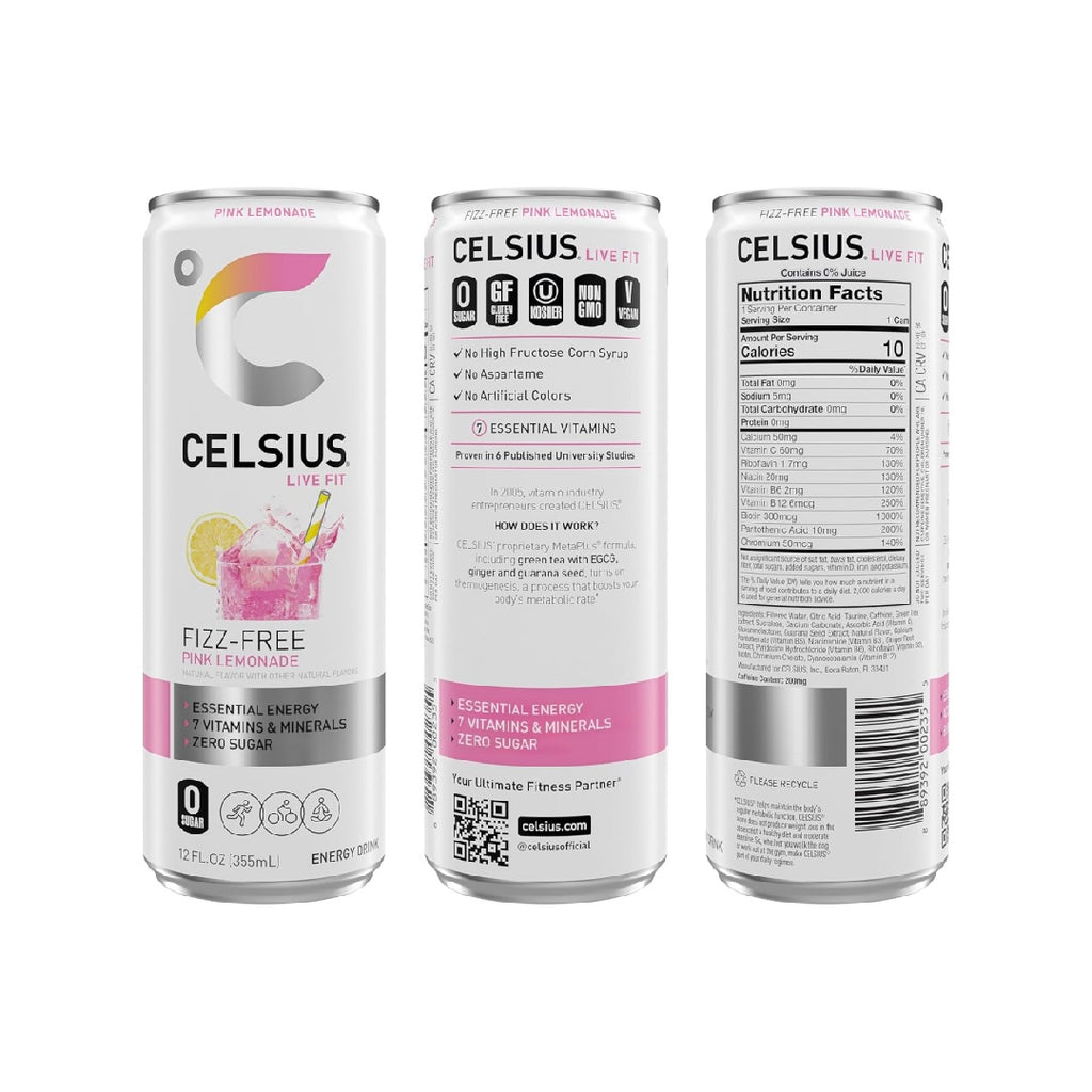 CELSIUS Fizz Free Pink Lemonade, Sugar Free Energy Drink, 12 Fl Oz (Pack of 12)