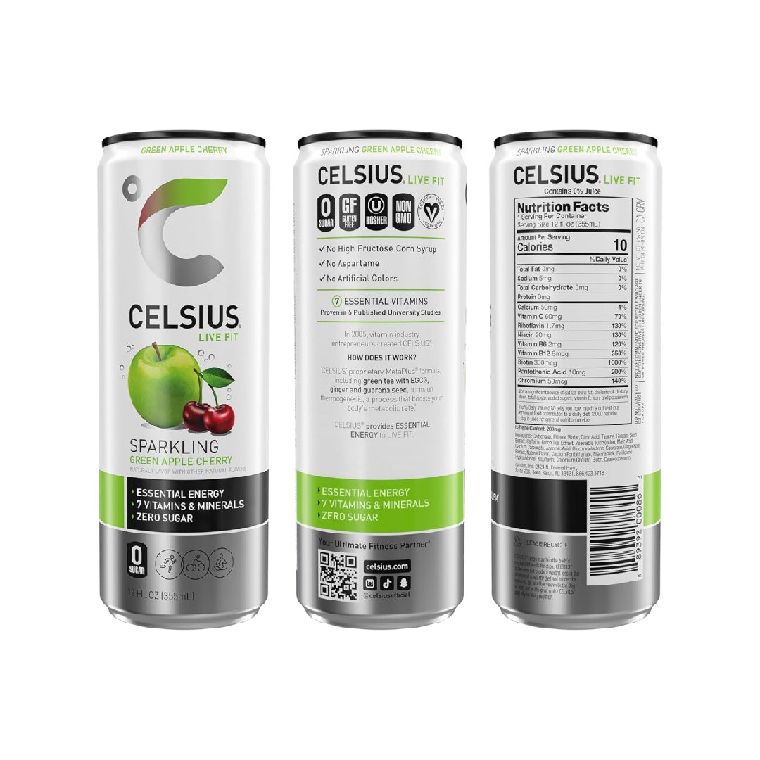 CELSIUS Sparkling Green Apple Cherry, Functional Essential Energy Drink, 12 Fl Oz (Pack of 12)