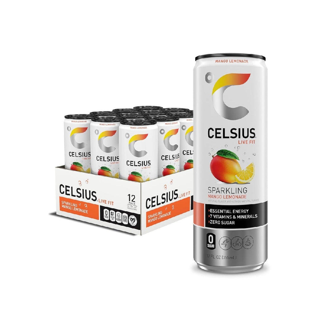CELSIUS Sparkling Mango Lemonade, Sugar Free Energy Drink, 12 Fl Oz (Pack of 12)