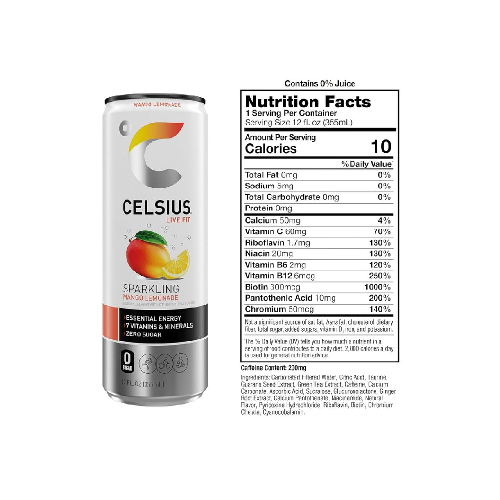 CELSIUS Sparkling Mango Lemonade, Sugar Free Energy Drink, 12 Fl Oz (Pack of 12)