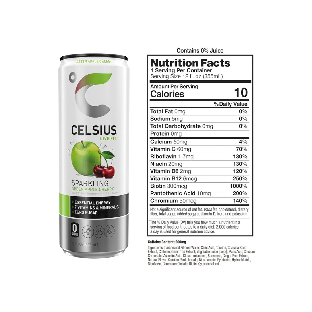 CELSIUS Sparkling Green Apple Cherry, Functional Essential Energy Drink, 12 Fl Oz (Pack of 12)
