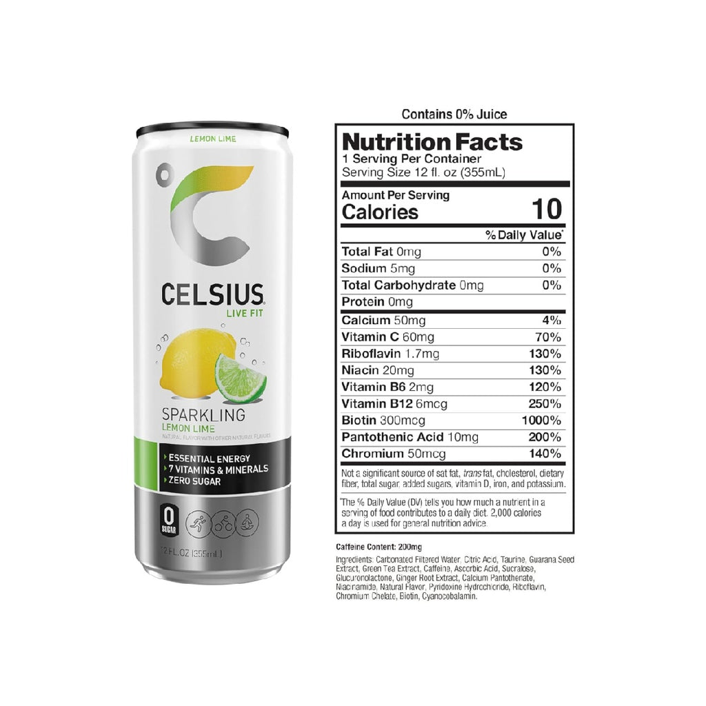 CELSIUS Sparkling Lemon Lime, Sugar Free Energy Drink, 12 Fl Oz (Pack of 12)