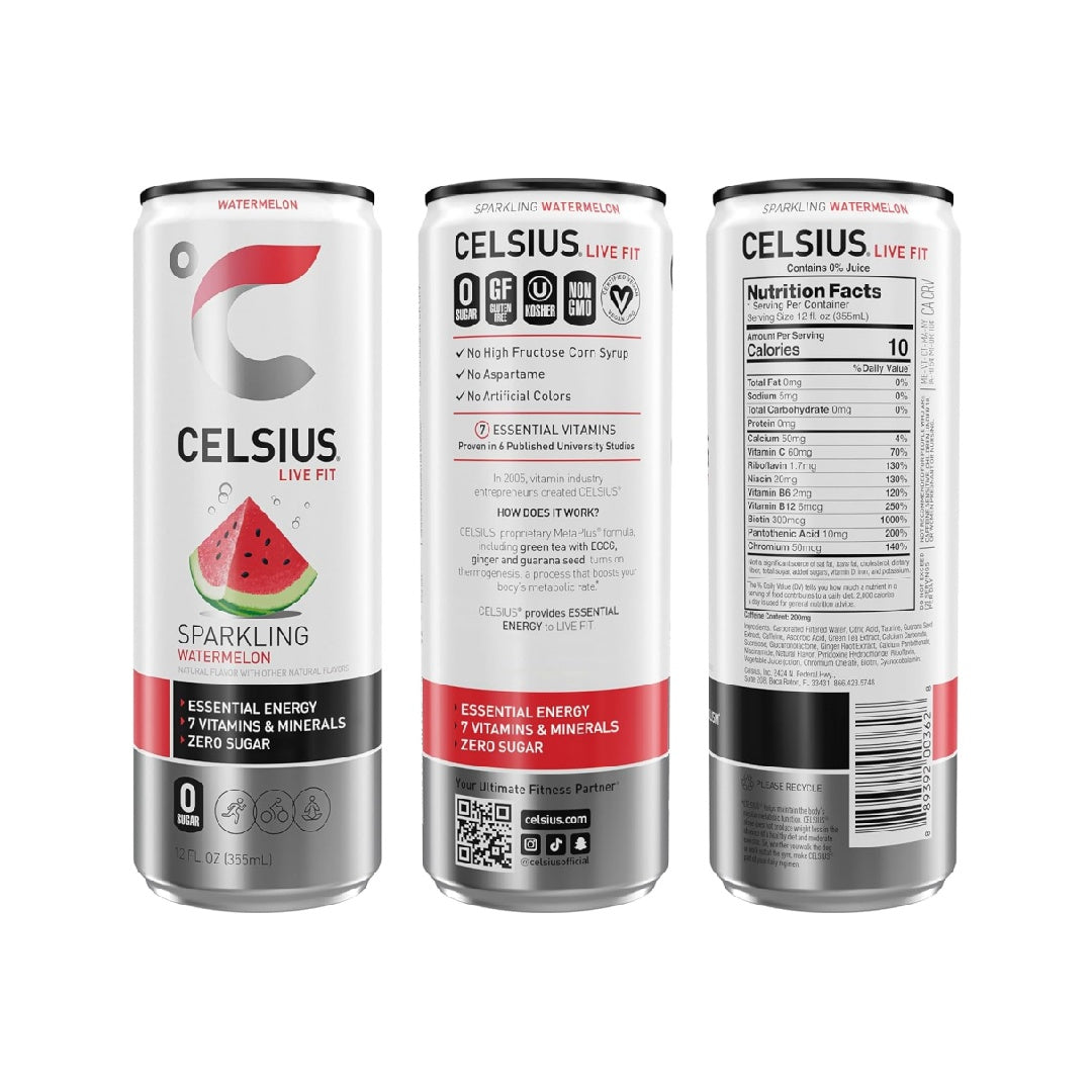CELSIUS Sparkling Watermelon, Functional Essential Energy Drink 12 Fl Oz (Pack of 12)